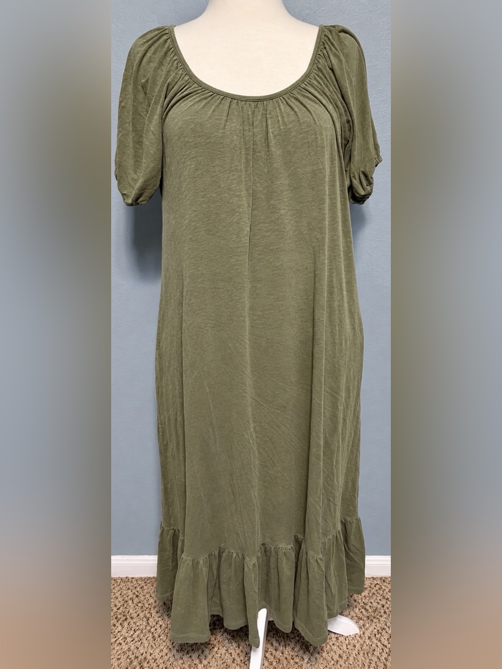 Sundry Olive Green Maxi Dress Puff Sleeve Ruffle Hem Boho Cottagecore Small Sz 1